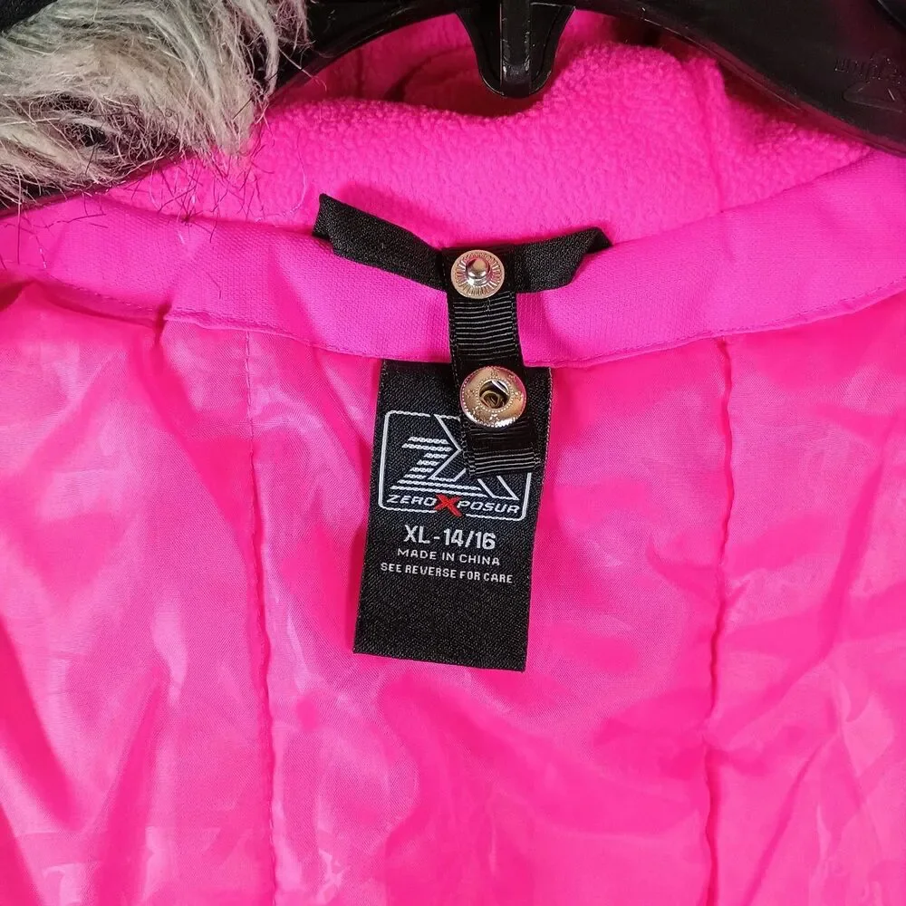 Girls ZeroXposure Ski Snow Parka Jacket Black And Pink Faux Fur Hood 14/16
